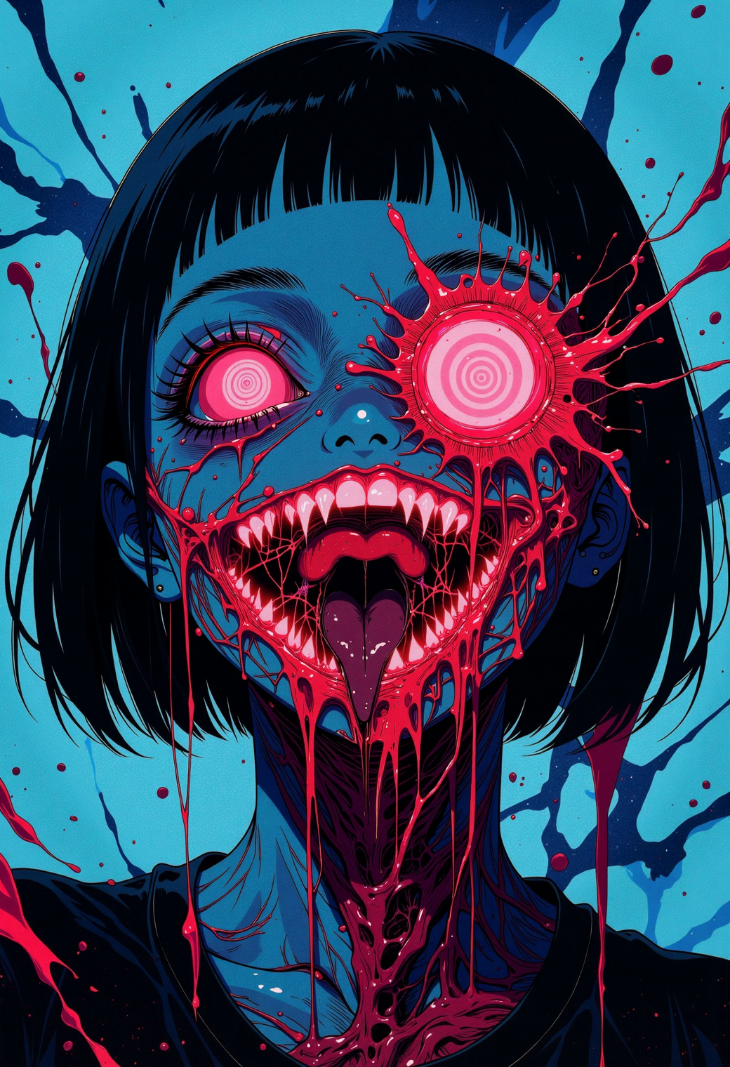 A highly detailed manga-style character portrait, masterfully blending horror and anime aesthetics with bold, dynamic lines and vibrant, contrasting colors. The character, drawn in a cute yet unsettling animation style, is shown dramatically peeling back the skin on their own face like a fleshy, organic mask, revealing a shimmering, inhuman surface beneath with glowing red veins and faint, ethereal patterns. Thin, fibrous strands of flesh stretch out before tearing and detaching, captured in gory, bloody detail with a focus on believably realistic organic textures. The scene is bathed in eerie, soft lighting with dramatic shadows, creating an unsettling yet mesmerizing atmosphere. The background features subtle, haunting elements, with dynamic paint splatter effects and bold, expressive brushstrokes that contrast beautifully with the character's innocent, sweet expression. The composition emphasizes the striking visual tension between the cute anime style and the macabre act, with intricate details and a focus on texture, light, and shadow to create a truly unique and captivating image., <lora:GLSHS:0.353><lora:J_Anime:0.481> j_art,<lora:ck-nc-luminal-genesis-000016:0.445> A digital anime artwork in the style of cklg,<lora:ck-nc-cyberpunk-V2-000013:0.24> A digital artwork in the style of cknc,, <lora:HardCrashFlux:1.0> open mouth, horror, teeth, sharp teeth, smile, bangs, monochrome, tongue, tongue out, blood