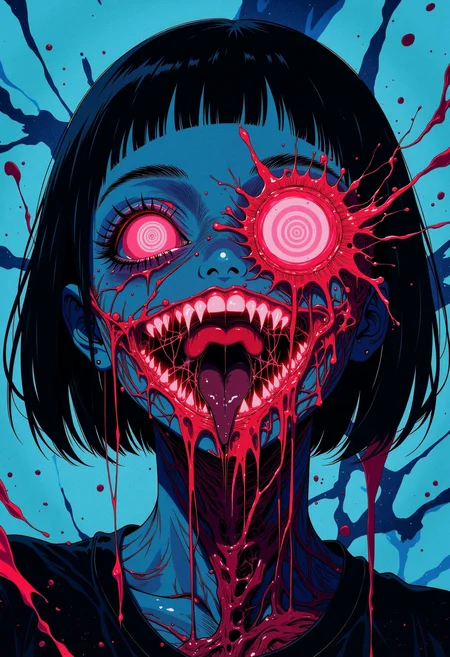 A highly detailed manga-style character portrait, masterfully blending horror and anime aesthetics with bold, dynamic lines and vibrant, contrasting colors. The character, drawn in a cute yet unsettling animation style, is shown dramatically peeling back the skin on their own face like a fleshy, organic mask, revealing a shimmering, inhuman surface beneath with glowing red veins and faint, ethereal patterns. Thin, fibrous strands of flesh stretch out before tearing and detaching, captured in gory, bloody detail with a focus on believably realistic organic textures. The scene is bathed in eerie, soft lighting with dramatic shadows, creating an unsettling yet mesmerizing atmosphere. The background features subtle, haunting elements, with dynamic paint splatter effects and bold, expressive brushstrokes that contrast beautifully with the character's innocent, sweet expression. The composition emphasizes the striking visual tension between the cute anime style and the macabre act, with intricate details and a focus on texture, light, and shadow to create a truly unique and captivating image., <lora:GLSHS:0.353><lora:J_Anime:0.481> j_art,<lora:ck-nc-luminal-genesis-000016:0.445> A digital anime artwork in the style of cklg,<lora:ck-nc-cyberpunk-V2-000013:0.24> A digital artwork in the style of cknc,, <lora:HardCrashFlux:1.0> open mouth, horror, teeth, sharp teeth, smile, bangs, monochrome, tongue, tongue out, blood
