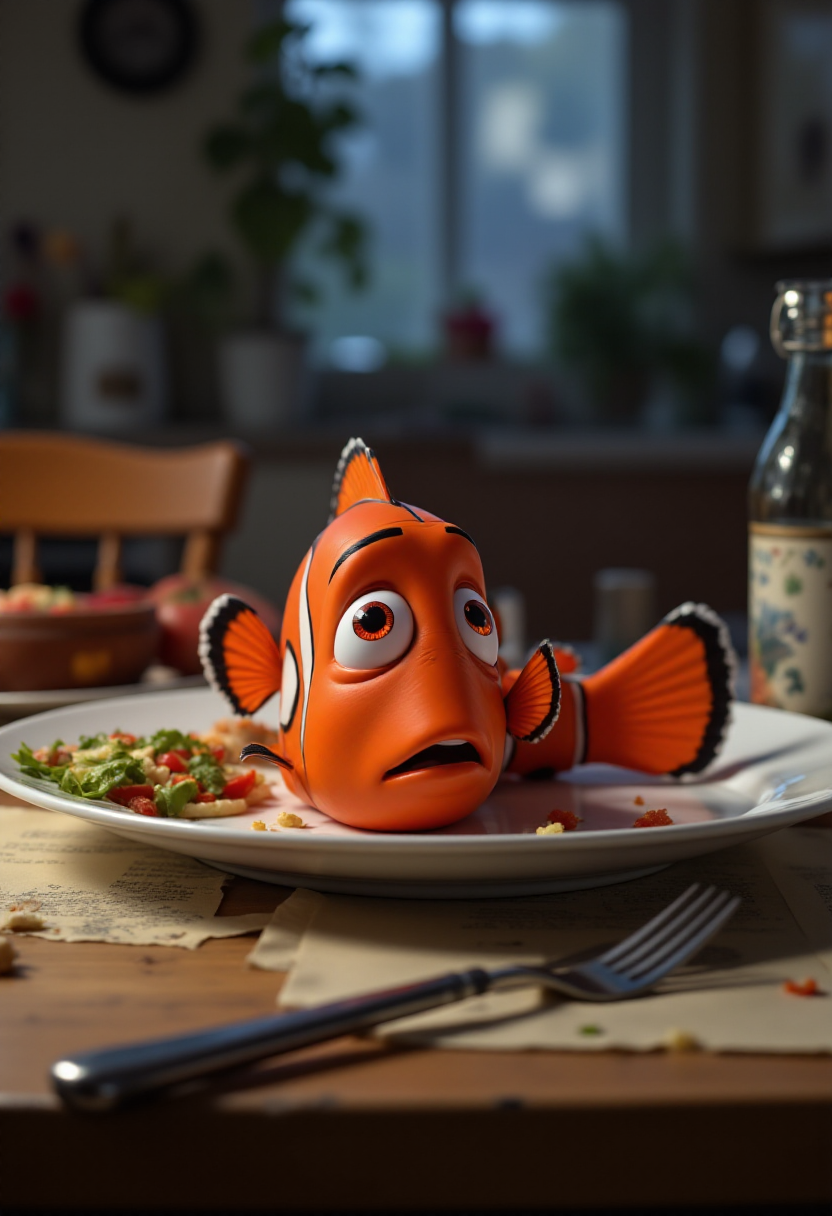 <lora:PCB_Image_Enhancer_for_FLUX:1>
High quality image of Nemo from Finding Nemo, looking concerned, lying on a plate next to a knife and fork on a kitchen table.