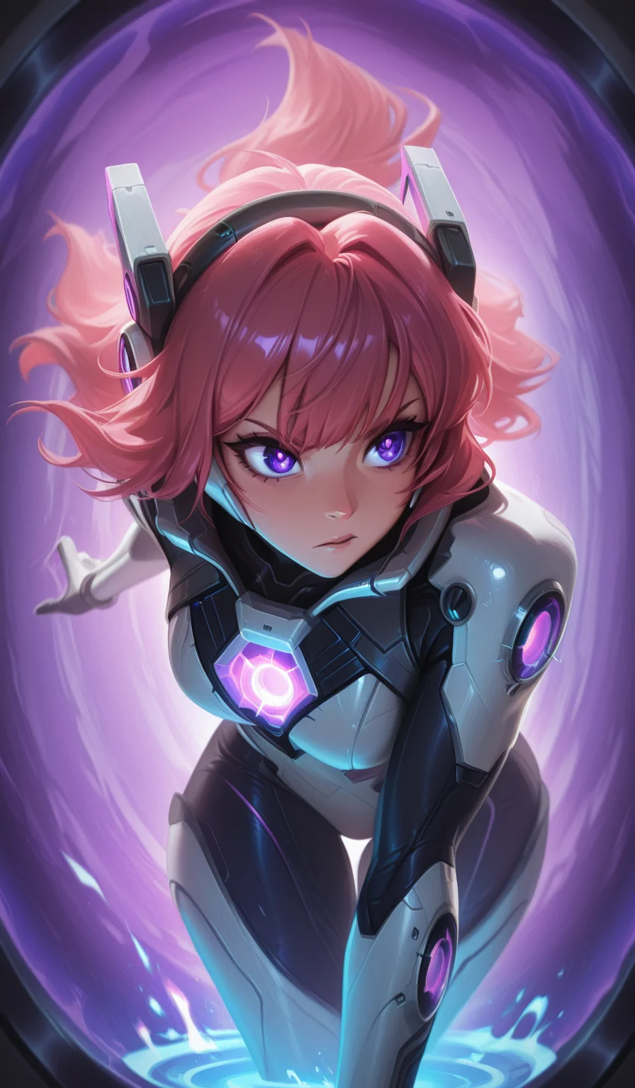 1girl, solo, CivChan, pink hair, purple eyes, pulsefire, pulsefire civchan, tech, futuristic, in front of a portal, BREAK best quality, masterpiece, L0LSPL4SH,