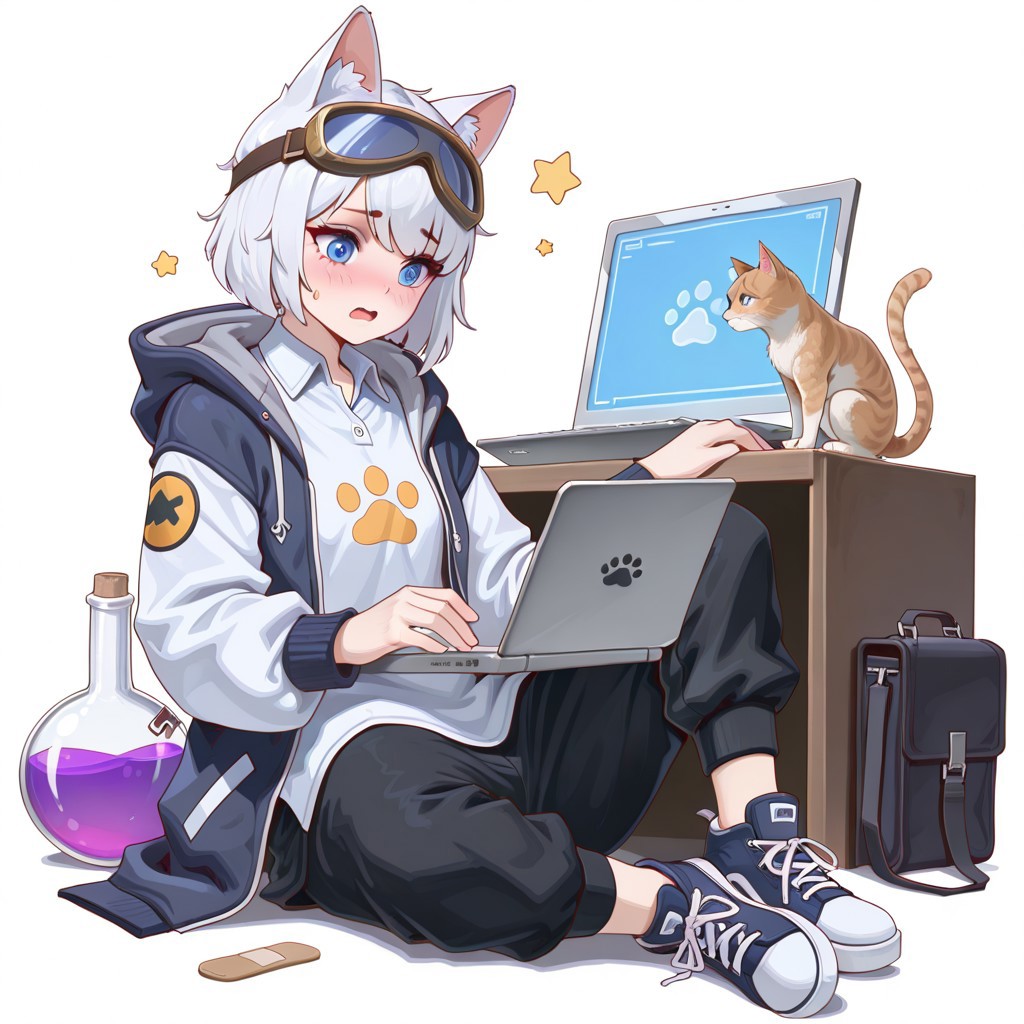 lazypos, girl focus, 1girl, animal ears, white hair, shirt, blue eyes, solo, white shirt, flask, shoes, hood down, open mouth, jacket, shorts, white background, collared shirt, hood, holding, book, laptop, star \(symbol\), short hair, long sleeves, computer, goggles, sneakers, bottle, round-bottom flask, pants, cat ears, cat, bandaid, black shorts, sitting, paw print, blush
