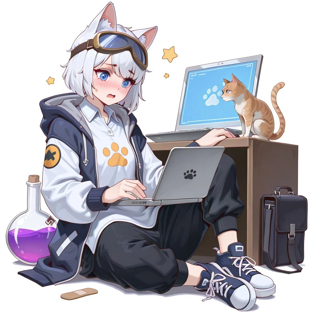 lazypos, girl focus, 1girl, animal ears, white hair, shirt, blue eyes, solo, white shirt, flask, shoes, hood down, open mouth, jacket, shorts, white background, collared shirt, hood, holding, book, laptop, star \(symbol\), short hair, long sleeves, computer, goggles, sneakers, bottle, round-bottom flask, pants, cat ears, cat, bandaid, black shorts, sitting, paw print, blush