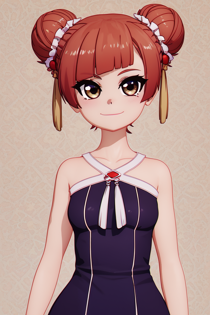 score_9, score_8_up, score_8, medium breasts, (curvy), cute, eyelashes,       BREAK, ,  zzLaufen, hair bun, double bun, red hair, short hair, brown hair, brown eyes, hair ornament, bare shoulders, black dress, collarbone,  <lora:LaufenFrieren_PDXL_v1:0.8>,  , BREAK, smile, closed mouth, looking at viewer, cowboy shot,  ,,, embedding:zPDXL, Expressiveh, ,,, <lora:MantisStyle_PDXL_v2:0.8>, <lora:SDXLFaeTastic2400:0.5>, <lora:Expressive_H-000001:0.4>,