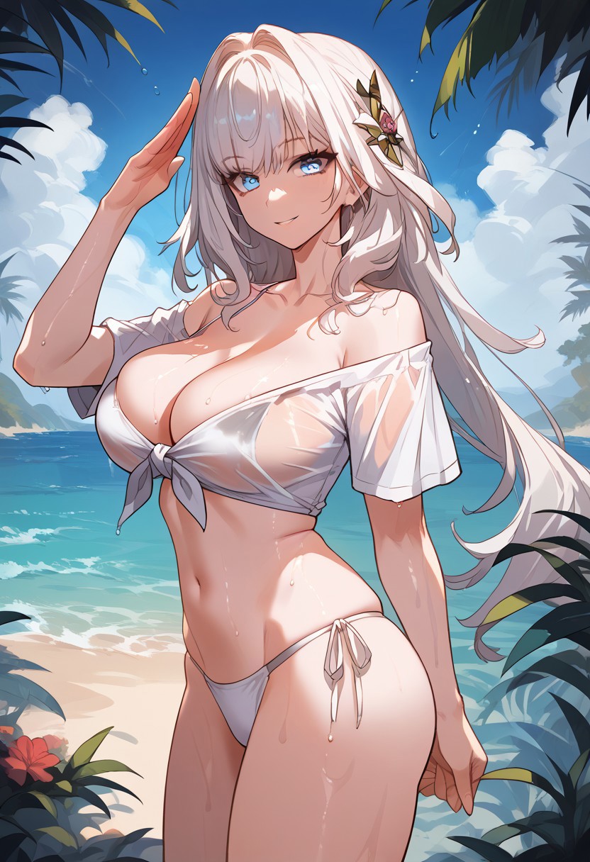 zPDXL3, score_9_up, score_8_up, score_7_up, (Anime_source), 1girl, JSolitaryDream, blue eyes, white hair, large breast, long hair, looking at viewer, salute, smile, off-shoulder shirt, tied shirt, wet shirt, short sleeves, bikini under clothes, white bikini, side-tie bikini bottom, bare shoulders, navel, cleavage, outdoors, beach, from side