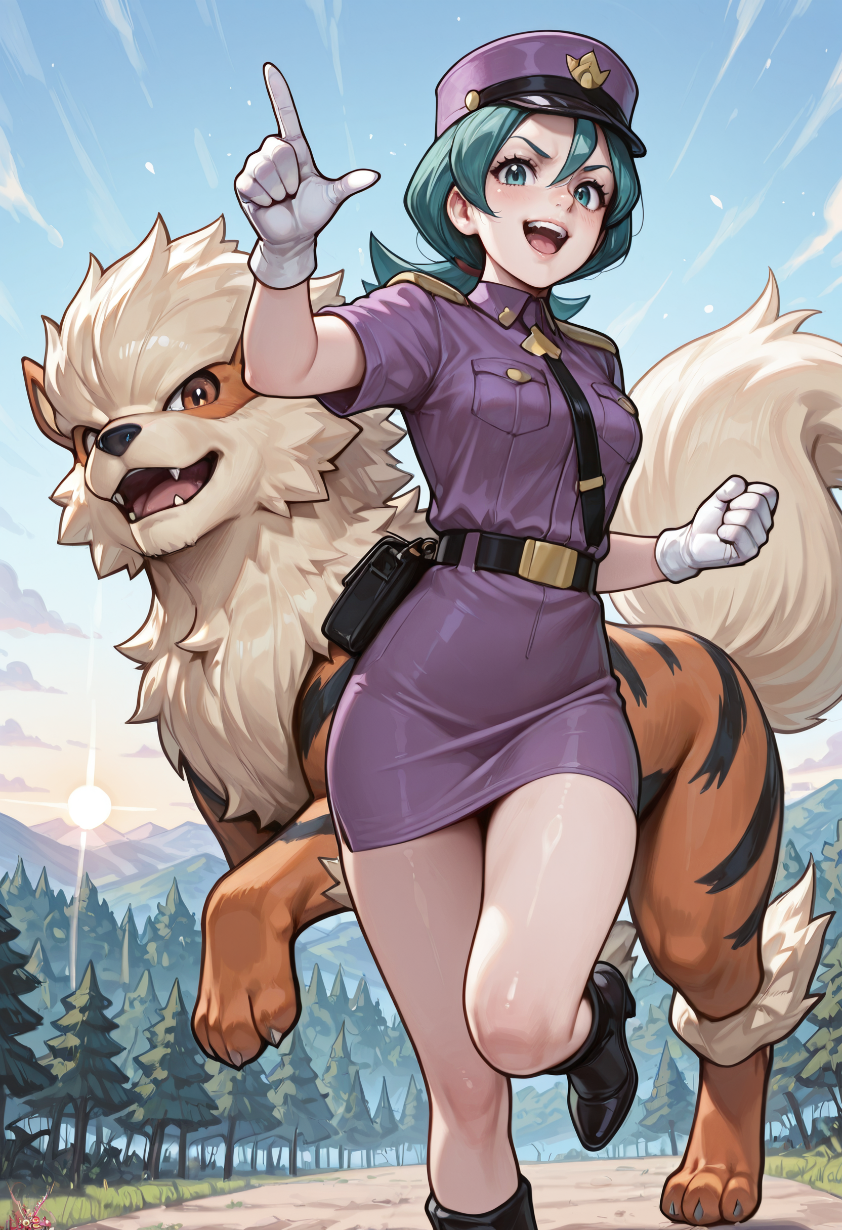 aipd,safe_pos, masterpiece, best quality, 32k, high resolution, absurdres, HD32k, masterpiece, extremely detailed, 1girl, solo, dynamic pose, Officer Jenny /(pokemon/), dark teal hair, fair skin, purple cap with a black rim, red top, and gold star, a purple collared shirt with red trim, a sky blue chestpiece, and gold shoulder pads, a black purse, a matching belt with a gold buckle, a purple skirt, black high heels, and white gloves, pointing a viewer, Arcanine,  Arcanine running at viewer, forest, sunrise, morning, 