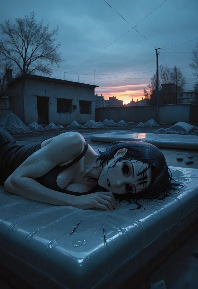 night shot of golden hour shot of blue hour shot of (masterpiece), (best quality), (ultra-detailed), looking at viewer, (muscular legs:0.9),
<lora:dark_v1.9-pony:0.9> dark theme,<lora:NOOB_vp1_detailer_by_volnovik_v1:1.4> <lora:ebenya:0.8> ebenya, building, outdoors, city, rainy day in a small Russian town, overcast weather, wet trees, tree, a person lying on a dirty mattress in a decrepit room, pale and emaciated, shallow breathing, hollow eyes, sweat on their forehead, scattered drug paraphernalia, needles, burnt spoons, empty bags, dim light from a broken window, peeling walls, a sense of despair and decay,. Cool light, twilight, peaceful, moody. Warm light, sunset/sunrise, magical, serene. Dark, lit, moody, mysterious