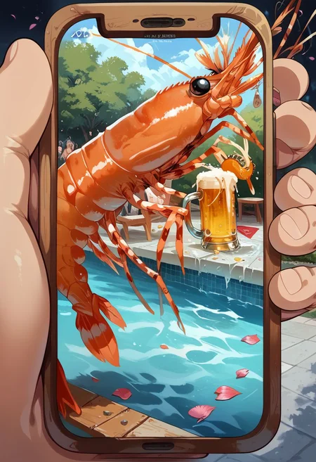score_9, score_8_up, score_7_up, shrimp drinking beer, PhonePOV, public pool, water, sakura petals, holding beer,