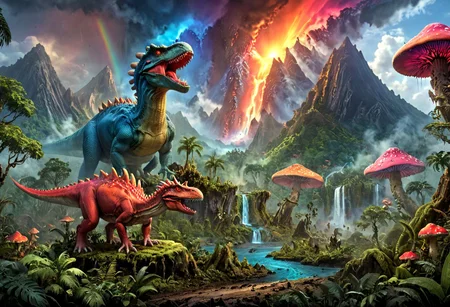 (Mixed terrain with lava land and overgrown prehistoric jungle. A Volcano explodes in the background. A red dragon flying in the Sky. A dinosaur standing in the Jungle.)
(Jungle full of giant, overgrown trees and many large (glowing mushrooms) in different bright contained color. Blue mushroom. Green mushroom. Pink mushroom. Yellow mushroom.)
(A path leads through the Jungle and is covered in golden cracks)
masterpiece, best quality, ultra detailed, professional light, cinematic lighting, ambient lighting, bright colors, atmospheric effects, photorealistic, epic landscape, fantasy, waterfall, mountains, cliff,  clouds, (jungle), (volcano in background), rainbow, glowing mushrooms, dragon, dinosaur