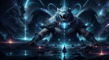 (masterpiece, best quality, fullscreen), [(full body:1.1)::0.1] portrait (photo of an microscopic [Vibrant::0.3] [magical being:creature:0.2]:1.3), <lora:EYES GlowingRedEyeMeme:0.5> Glowing Eyes Meme, (bioluminescent glowing Stippled skin:1.4), (Ferocious:0.5), (Artistic Tattoos:1), (Golem body shape:1.1), (Crazy head:0.8), (Sabertooth Teeth:0.9), (Glowing eyes locked on the adversary, intimidating with magical intensity:1), (Rage expression), <lora:EFFECT ral-elctryzt-sd15:0.2> (ral-elctryzt:1.2), <lora:MONSTER Critters:0.4> Critters, (Scandium and Oganesson atoms Circulation all around:1.5), (background in the quantum world with Particle Systems and Cheerful lights:1.1), ([Quantum Lights,Enchanted Moonlight]), (Ethereal atmosphere:1.5), <lora:BACKGROUND Diamond_Meteor_Shower:0.4> (particule meteor shower:1), <lora:EFFECT elePowerPlant:0.6 electricity, <lora:QUALITY Space - [Background] - Version 1:0.5>, , (look at the viewer:1.2), <lora:SLIDER weight_slider_v2:-0.5>, <lora:LIGHT epi_noiseoffset2:0.4>, <lora:LIGHT neon ç»ªå¿-åªå½± curvy:0.4> curvy, silhouette, <lora:QUALITY PotatEnhancer_V1_6:0.2>, <lora:QUALITY kkw-better-v1.0a:0.2>, <lora:QUALITY add_detail:0.3>, , (Full body Shot, Shallow Focus Shot, Low Angle Shot:[1.2:0.5:0.1]), heavily detailed, whimsical, fantasy, eerie, (asymmetric composition:1.5), (sharp focus), <lora:EFFECT Magic card fakemtg_label:1> fakemtg, (no humans), (), extremely detailed, vast cosmos, stars of Vaadhoo Island, trending on artstation, award winning photograph,8k, intricate artwork, extremely high detail, stylized, cinematic lighting
