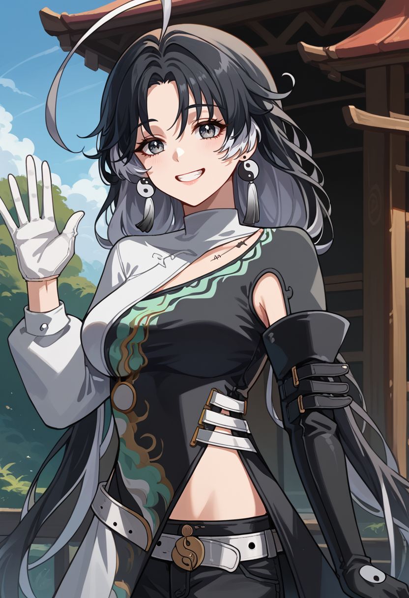 score_9, score_8_up, score_7_up, source_anime, 1girl, jianxindef, grey eyes, black hair, white hair, grey hair, multicolored hair, long hair, low twintails, ahoge, earrings, jewelry, yin yang, tassel, medium breasts, long sleeves, dress, chinese clothes, clothing cutout, white gloves, black gloves, asymmetrical gloves, white belt, black shorts, short shorts, bandages, single thighhigh, standing, smile, grin, looking at viewer, waving, outdoors, portrait, close-up, upper body, facing viewer, <lora:Jianxin_v1-000010:1>