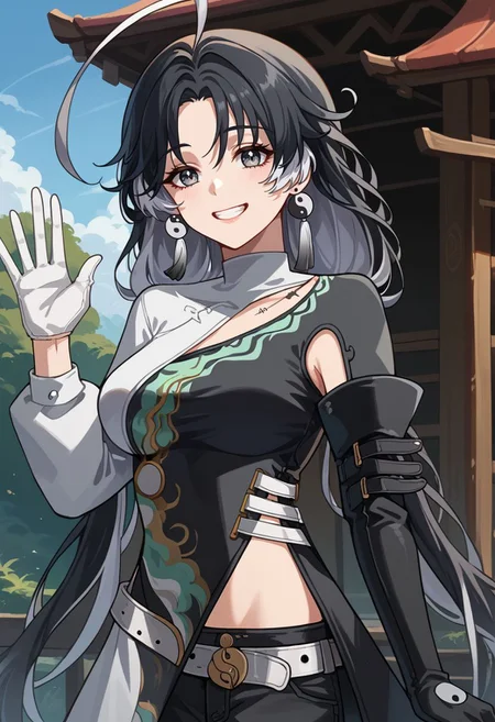 score_9, score_8_up, score_7_up, source_anime, 1girl, jianxindef, grey eyes, black hair, white hair, grey hair, multicolored hair, long hair, low twintails, ahoge, earrings, jewelry, yin yang, tassel, medium breasts, long sleeves, dress, chinese clothes, clothing cutout, white gloves, black gloves, asymmetrical gloves, white belt, black shorts, short shorts, bandages, single thighhigh, standing, smile, grin, looking at viewer, waving, outdoors, portrait, close-up, upper body, facing viewer, <lora:Jianxin_v1-000010:1>