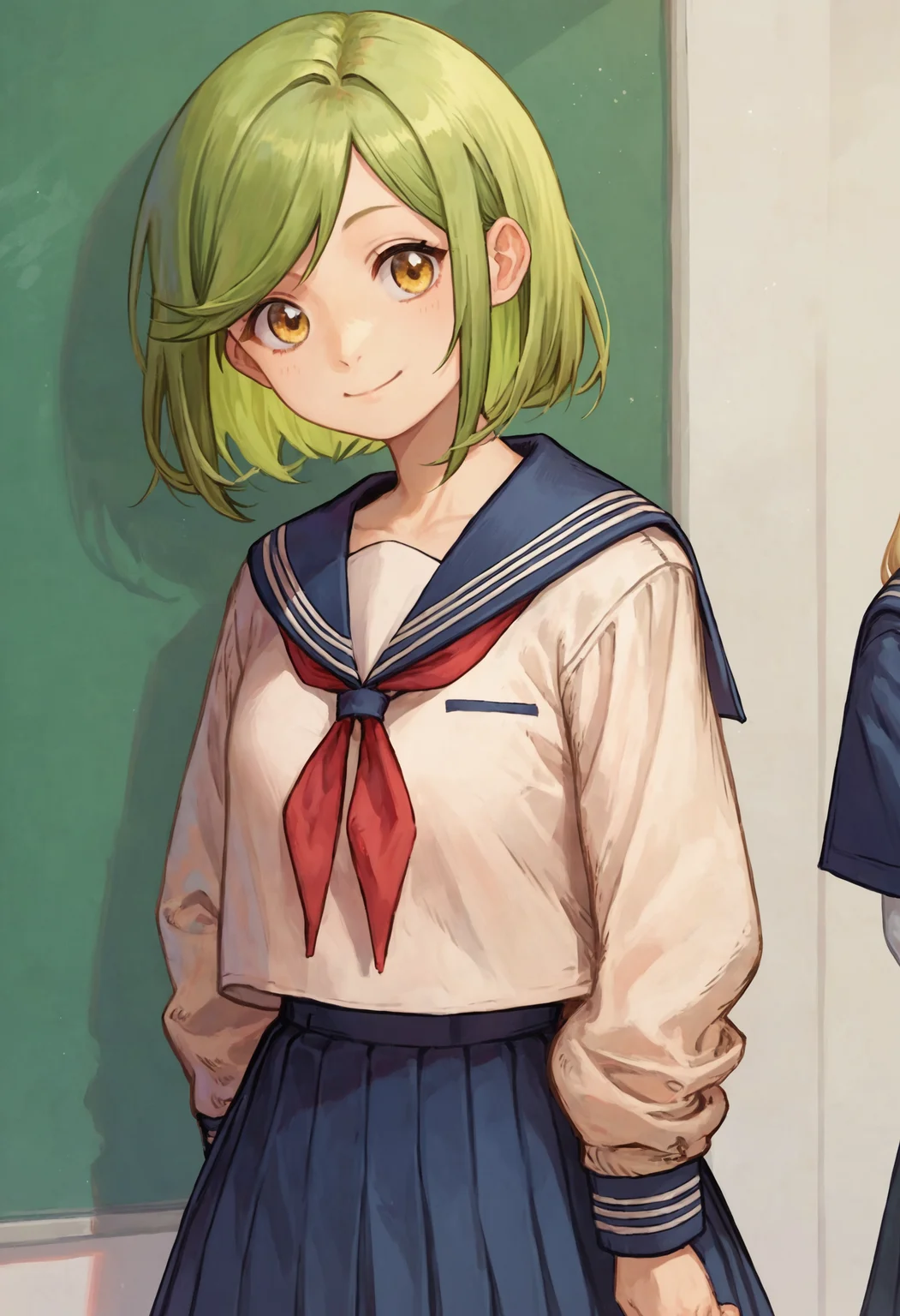 score_9, score_8_up, score_7_up, 1girl coco green hair blonde hair swept bangs yellow eyes, light smile, serafuku, school uniform, pleated skirt
<lora:witch_hat_atelier_2:1>