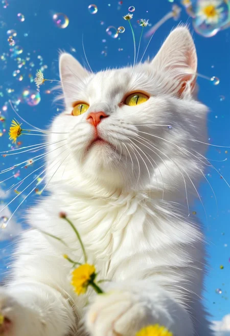 close up shot, fuzzy cute white cat playing with dandelions, paw pads, rainbow claws, rainbow, sunshine, uplifting atmosphere, (bubbles), view from below