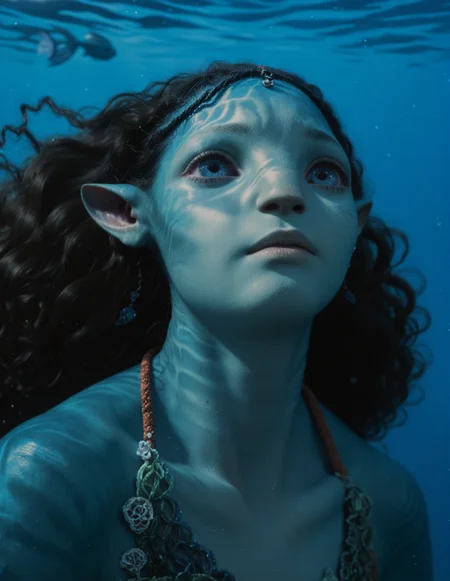 1girl, blue skin, blue eyes, beautiful, dark ambience, pointy ears, underwater, water reflections, caustics, long curly hair <lora:Tsireya:0.9> tsireya, score_9, score_8_up, score_7_up, score_6_up, (ultra sharp focus)
