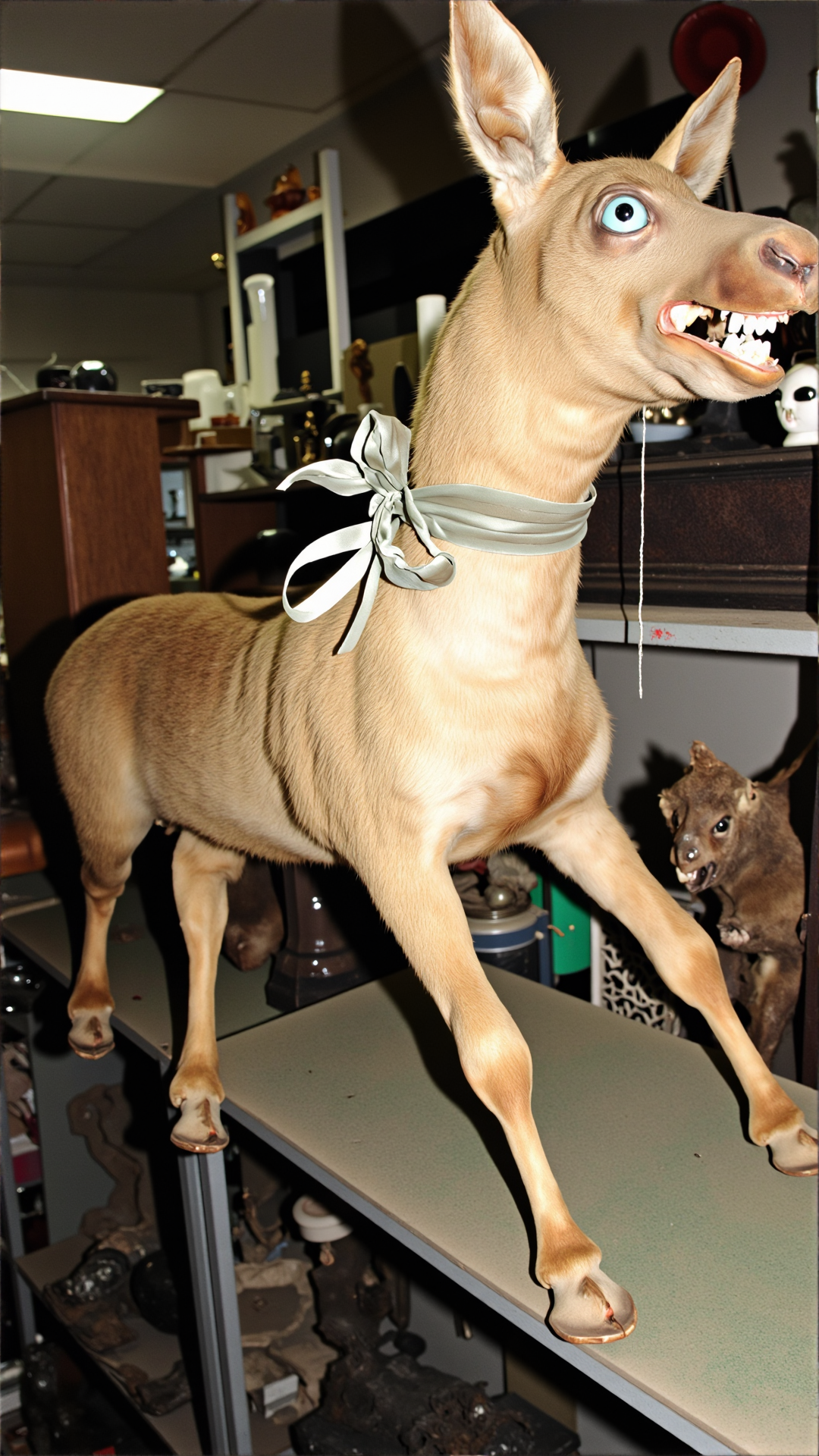 A photo of a badtxdrmy, bad taxidermy, A contorted moose calf stands on a dusty, forgotten shelf in a dimly lit, cluttered antique shop. The calf's glassy eyes stare awkwardly to the side, its eyelids uneven and slightly drooping. The taxidermied fur is matted and discolored, with patchy bald spots on its legs and chest. The calf's mouth is frozen in a stiff, unnatural grin, revealing a few poorly aligned teeth. 
Its front legs are splayed at an odd angle, while the back legs appear stiff and straight, giving the impression that it's about to topple over. A faded, velvet ribbon is tied around its neck in a sloppy bow. In the background, dusty vintage trinkets and forgotten relics line the shelves, casting long shadows across the calf's unfortunate form.<lora:BadTaxidermiFlux:1>