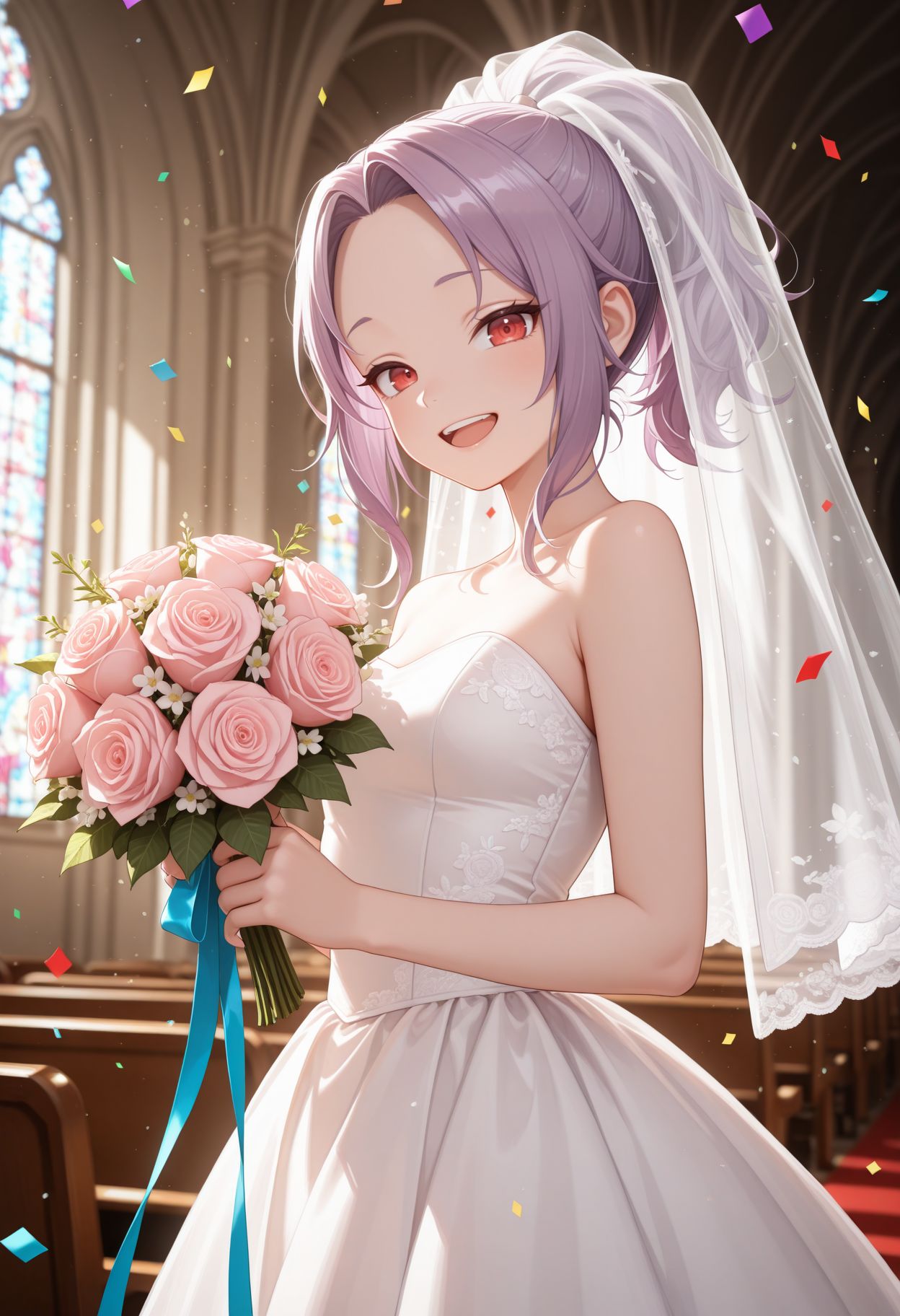 masterpiece,best quality,absurdres,highres,very aesthetic,high quality,detailed,insanely detailed,beautiful,perfect lighting, ,depth of field,blurry background,bokeh, looking at viewer, 
 <lora:Sazanka Illu:1> 1girl, purple hair, parted bangs, ponytail, red eyes, forehead,  
 wedding dress, veil, church, holding bouquet, (confetti:1.1), smile, open mouth, white dress, wedding dress), indoor