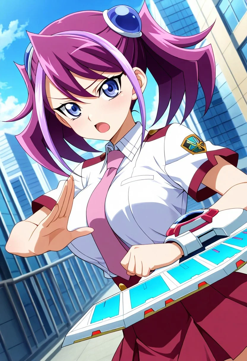 general,highres, ultra-detailed,very aesthetic,best quality ,best hands,best eyes,easynegative,
dynamic anglre, dutch angle, anime cloring,anime screencap,
1girl solo,looking at viewer,open mouth,duel disk,city,
Yuzu hiiragi, purple hair, blue_eyes, hair_ornament,large breasts,shirt,skirt,
