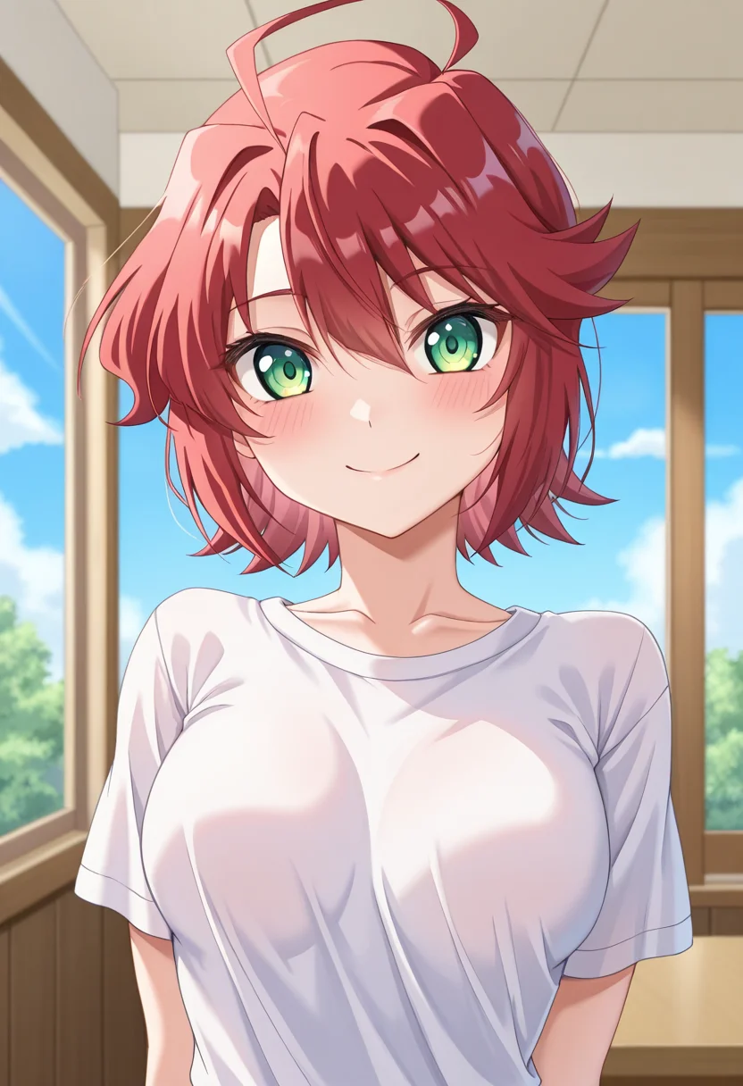 masterpiece, best quality, amazing quality, absurdres, 1girl, solo, (portrait:1.2), haruww, green eyes, red hair, short hair, ahoge, medium breasts, t-shirt, looking at viewer, smile, indoors, day, skindentation, detailed clothing folds, depth of field, sharp, high contrast, dynamic light <lora:Kasuga_Haru_Doki_Doki_Rooming_ill:0.8>