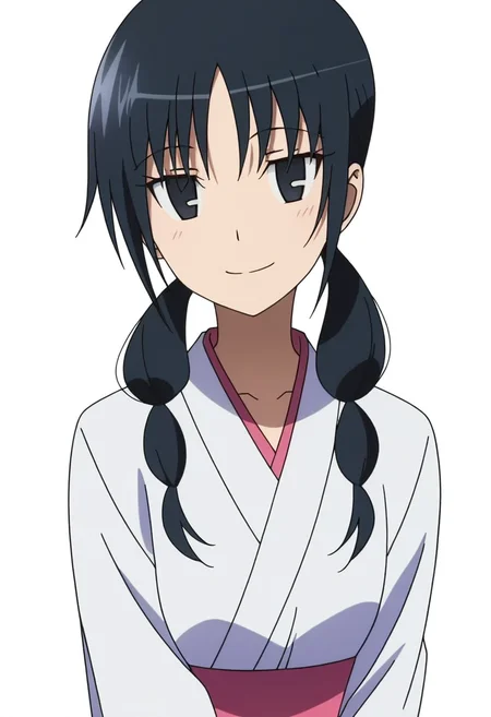 masterpiece, best quality, absurdres, detailed skin, detailed eyes, detailed face, anime colored, anime screencap, anime colored,
<lora:Uomi_Chihiro:1>, 1 girl, uomi, black eyes, smile, looking at viewer, 
white kimono, upper body, 
white background,