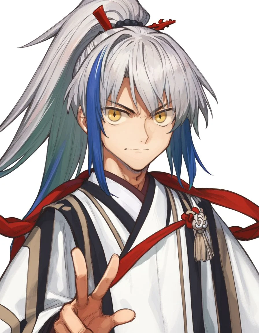 score_9, score_8_up, score_7_up, masterpiece, young boy, v-shaped eyebrows,
<lora:FSR:1>, fsr, solo, long hair, looking at viewer, hair ornament,1boy,white background,closed mouth,blue hair,yellow eyes,upper body,ponytail,white hair,grey hair,male focus,multicolored hair,japanese clothes,kimono,two-tone hair,streaked hair