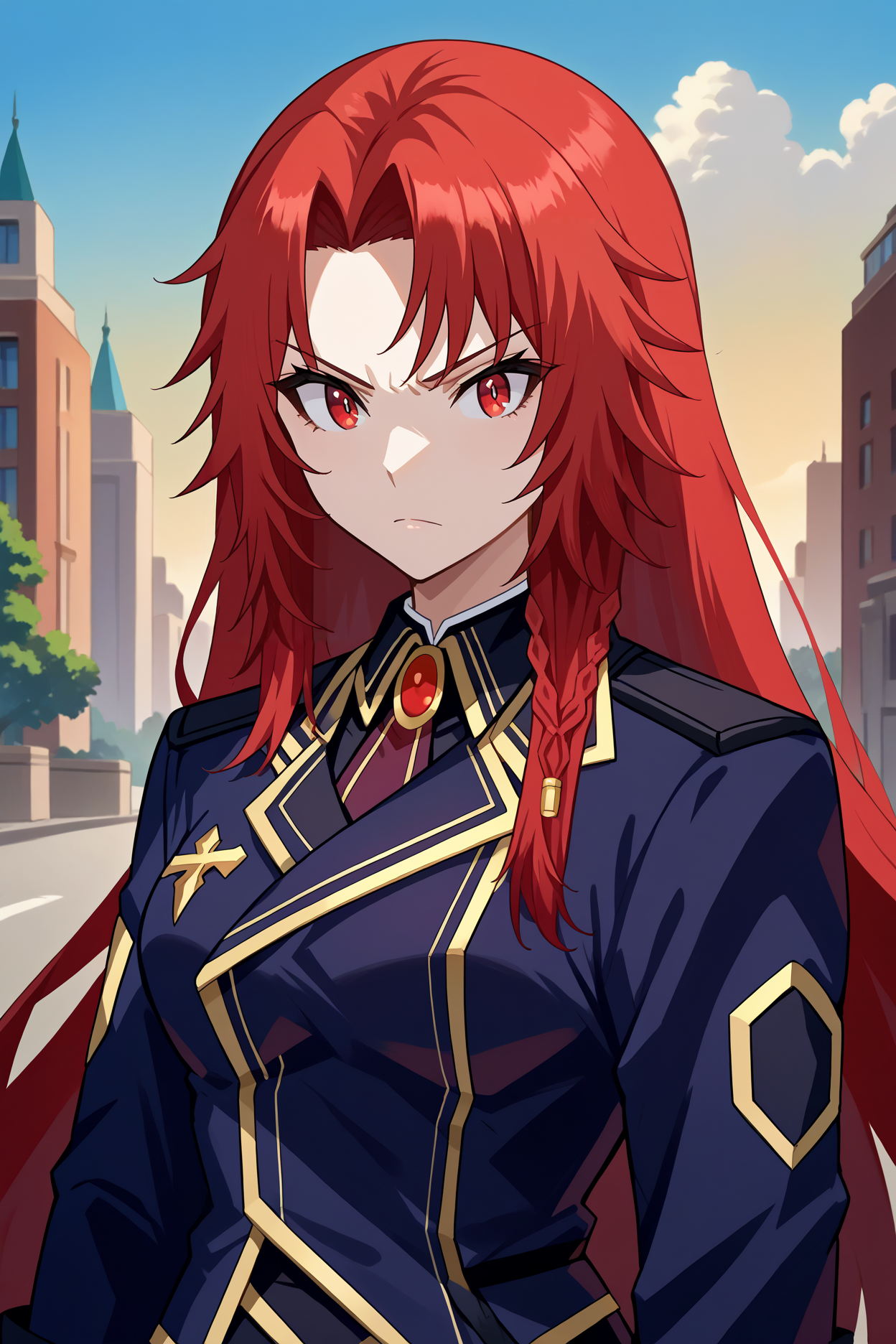 score_9, score_8_up, score_7_up, score_6_up, source_anime, 1girl, solo, <lora:irismidgar-pdxl-nvwls-v1-000004:1> irsmdgr, red hair, long hair, braid, red eyes, black coat, black uniform, gold trim, black skirt, white pantyhose, white gloves, upper body, portrait, blue sky, city, looking at you, serious, breasts