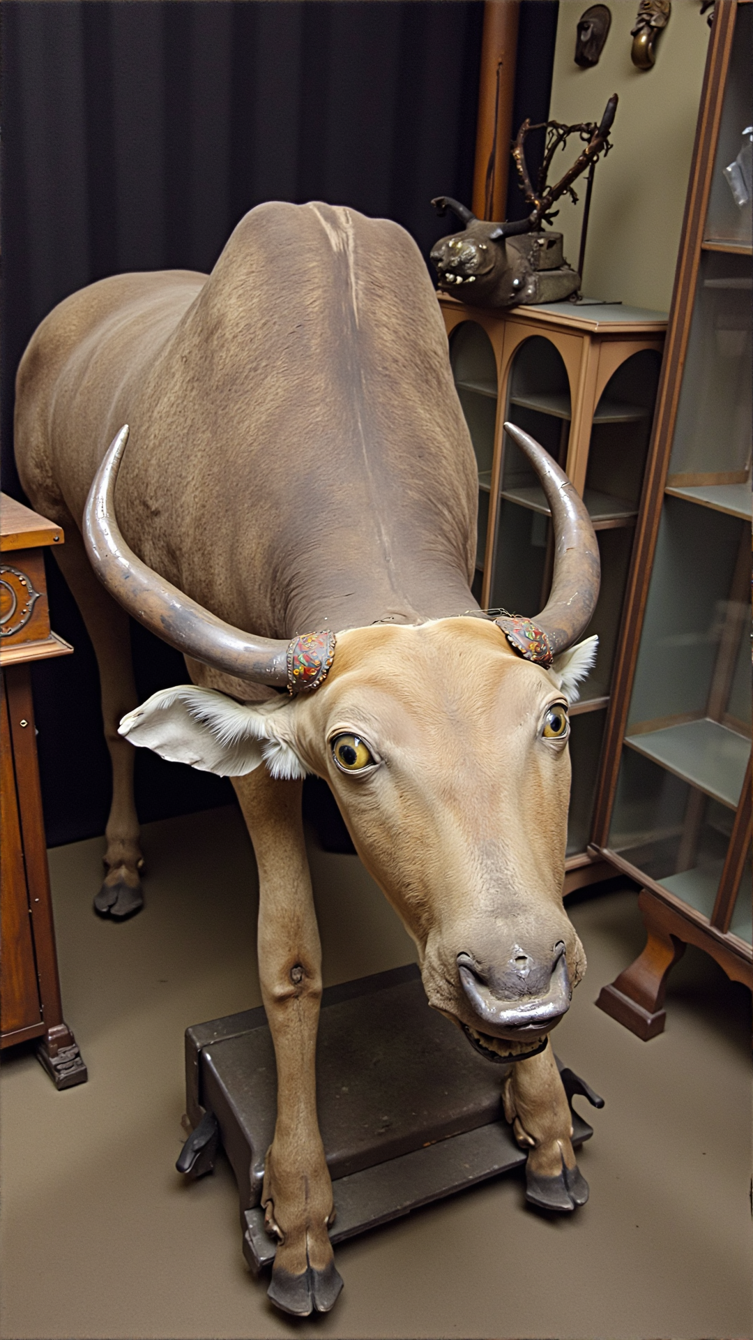A photo of a badtxdrmy, bad taxidermy, A dimly lit, dusty antique shop interior. Old wooden shelves and glass display cases line the walls. A taxidermied water buffalo stands on a small, rickety platform in the center of the room, its body awkwardly contorted in a pose that seems unnatural for the animal. The buffalo's fur is dull and matted, with visible patches of uneven stitching and missing hair. One ear is folded back against its head, while the other sticks out at an odd angle. The eyes are beady and glassy, with an unconvincing expression of ferocity. A section of the buffalo's hide is stretched too tightly over its left shoulder, creating an unnatural bulge. The animal's horns are unevenly mounted, with one pointing slightly upwards and the other downwards. In the background, a faded velvet curtain hangs askew, and the faint outline of a vintage hunting trophy plaque is visible on the wall.<lora:BadTaxidermiFlux:1>