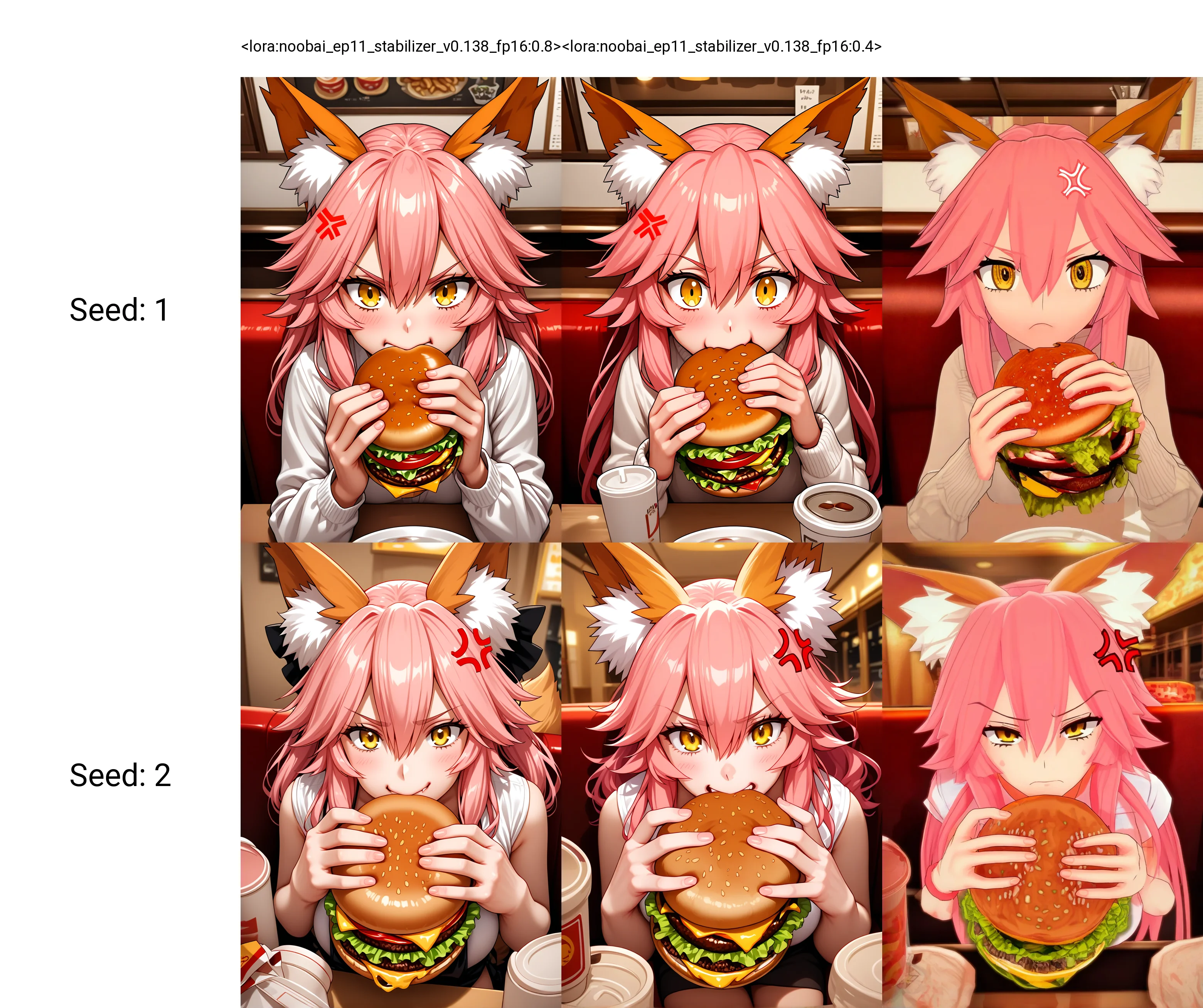 <lora:noobai_ep11_stabilizer_v0.138_fp16:0.8>1girl,tamamo \(fate\),yellow eyes, pink hair,sitting in restaurant,holding burger,looking at viewer,anger vein,masterpiece,