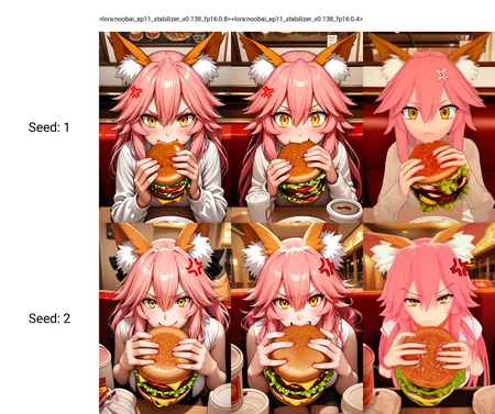 <lora:noobai_ep11_stabilizer_v0.138_fp16:0.8>1girl,tamamo \(fate\),yellow eyes, pink hair,sitting in restaurant,holding burger,looking at viewer,anger vein,masterpiece,