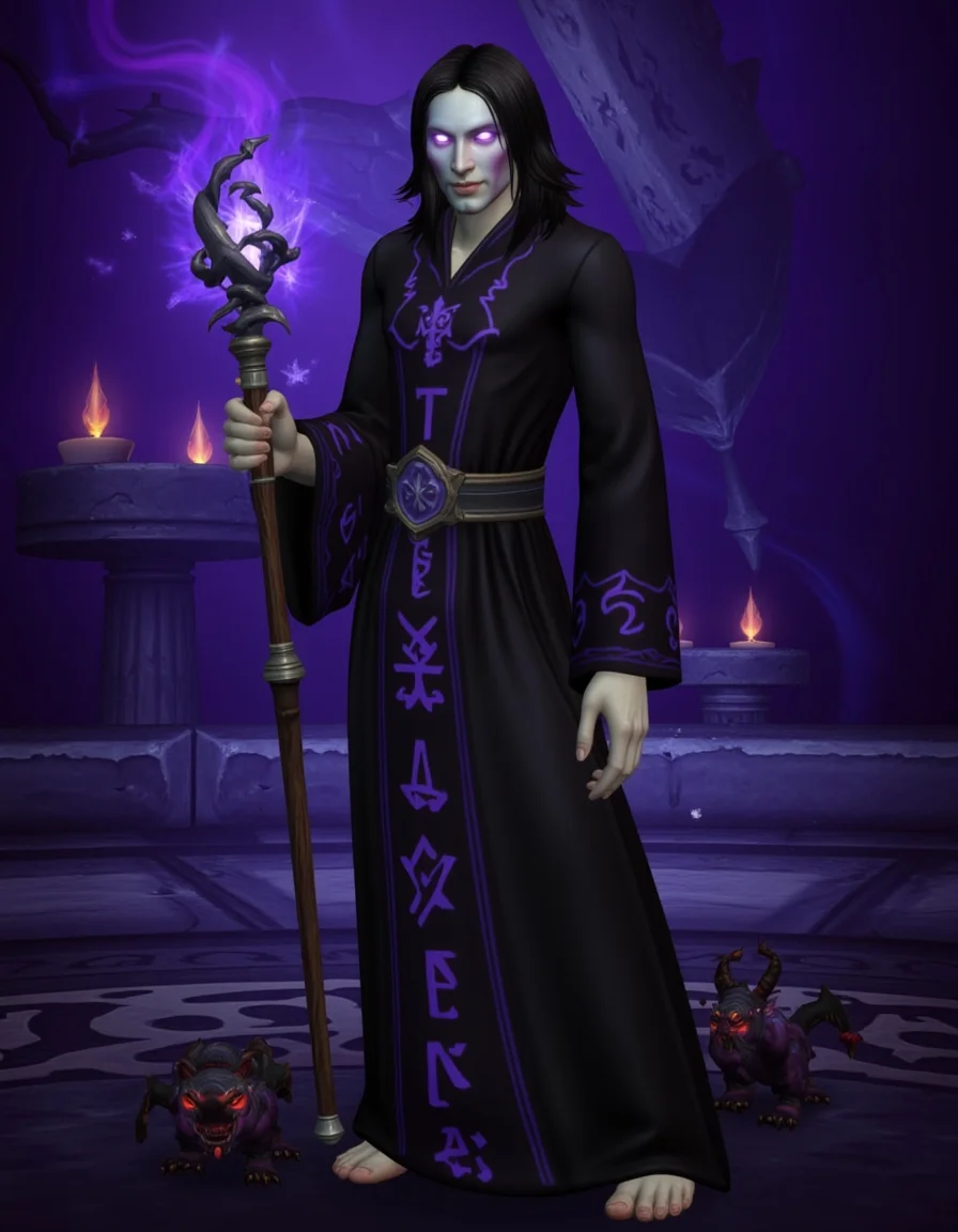 WOW_Character_Style, This image is a digital drawing of a World of Warcraft character depicting a mysterious warlock. The warlock is a gaunt, pale man with shoulder-length black hair and glowing purple eyes. His expression is calm yet sinister, with an air of dark intelligence. He is dressed in long, flowing black robes embroidered with purple runes that shimmer faintly. In his hands, he holds a staff topped with a glowing, twisted crystal. Dark, shadowy tendrils of magic swirl around him, and small, demonic creatures lurk in the shadows at his feet. The background is a shadowy ritual chamber, lit only by flickering candles and glowing magical symbols etched into the floor. The lighting is dim, with an eerie purple hue illuminating the warlock and his surroundings. The colors are primarily blacks and purples, with the glowing magic providing contrast. The overall mood is one of dark power and forbidden knowledge, with an ominous, supernatural presence filling the scene.