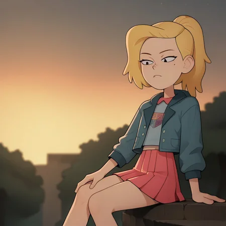score_9, score_8_up, score_7_up, Loodncrood, 1girl, sasha waybright, blonde hair, ponytail, black eyes, mole under eye, grey hoodie, blue shirt, logo on shirt, pink skirt, pleated skirt, denim jacket, sunset, sitting on a cliff edge, trees