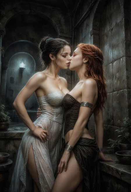score_9, score_8_up, score_7_up, rating_safe, Fixhand,
concept art, realistic, dark theme, low light,
2girl, Lesbian, Yuri, kiss