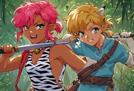 score_9, score_8_up, score_7_up, score_6_up, Masterpiece, source_anime screenshot, duo, 1 girl, 1 boy, vivid colors, retro anime style, high-res, beautiful aesthetic, very intricate, high-quality details, vibrant, highly detailed, award-winning, professional, <lora:pink-ponyxl-v2:1>, open mouth smile, single fang showing, sleeveless dress, white tiger print dress, pelvic curtain, cleavage, white cat ears, cat bell necklace, bright pink hair, tanned, white tiger tail, red sash, small breasts, leather shoes, detailed eyes, green eyes, detailed face, BREAK score_9, score_8_up, score_7_up, score_6_up, Masterpiece, source_anime, 1 girl, 1 boy, vivid colors, anime style, high-res, beautiful aesthetic, very intricate, high-quality details, vibrant, highly detailed, award-winning, professional, <lora:link:0.8> link1, link, soft smile, pointy ears, blonde hair, blue eyes, medium hair, side locks, earrings, short ponytail, blue hylian tunic
Break
Under a thick forest canopy, <lora:sword-guard-stance-ponyxl-lora-nochekaiser:1>, sword guard stance, sword, weapon, duo, katana, holding, pink and link holding weapon, holding sword, looking at viewer,
