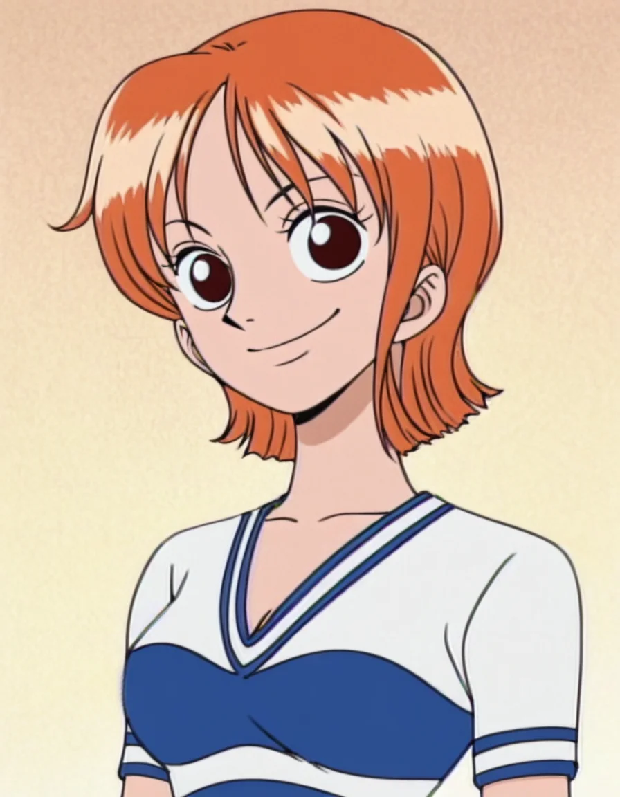 nami, 1girl, short hair, orange hair, solo, striped shirt,upper body, portrait, looking at viewer, smile, breasts, brown eyes <lora:NamiIllustrious1.0JLFO-000017:1>, looking at viewer, simple background, standing,