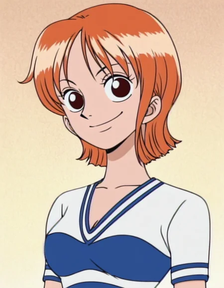 nami, 1girl, short hair, orange hair, solo, striped shirt,upper body, portrait, looking at viewer, smile, breasts, brown eyes <lora:NamiIllustrious1.0JLFO-000017:1>, looking at viewer, simple background, standing,