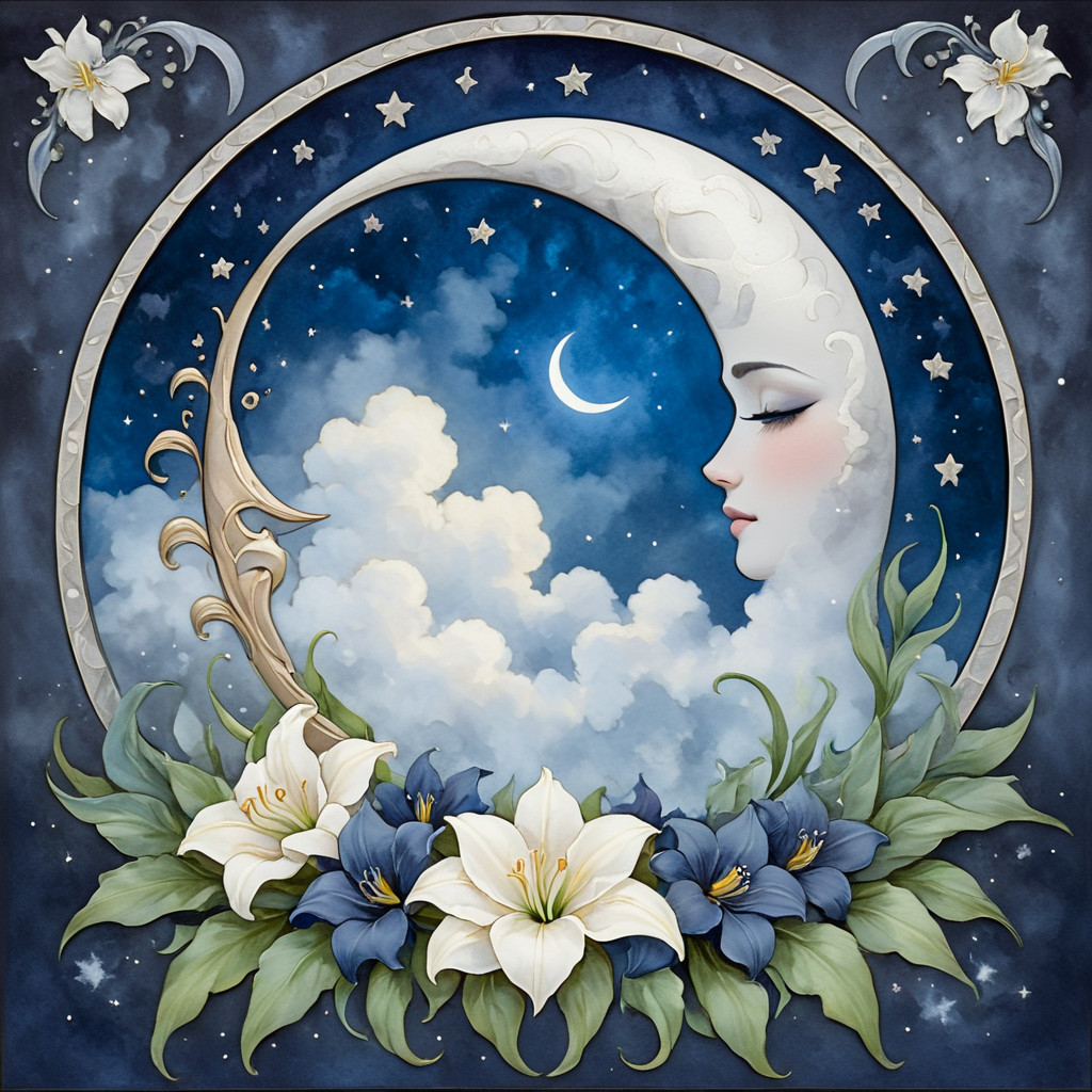 <lora:ArtNouveau2SDXL:1> ArsMJStyle, art nouveau,, The image shows a crescent moon surrounded by a halo of stars and clouds, framed by a border of blooming lilies and swirling mist. The background features soft shades of midnight blue and silver, evoking a serene and dreamlike atmosphere., no humans, crescent moon, stars, clouds, flower, lilies, mist, decorative border, intricate details, midnight blue, silver, celestial, ornamental, tranquil