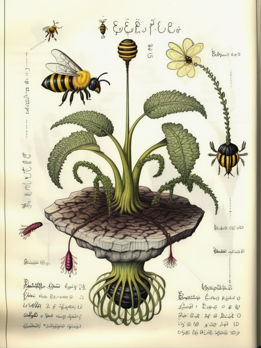 serafini style, a drawing of an alien plant with a bee on it, scientific diagram, high details, <lora:Serafini_Style_XL_V1:0.8>