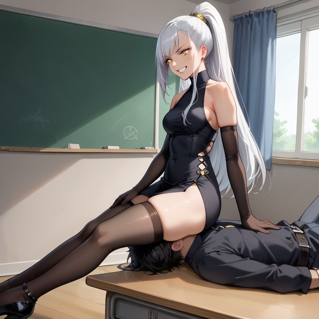 score_9,score_8_up,score_7_up,score_6_up,source_anime, studio lighting, anime screencap, 2d,
FWF4, facesitting, femdom, two persons, classroom, full body, view from afar, 
1girl (KJOVilletta, white hair, yellow eyes, long hair, high ponytail, dark skin, black dress, side slit, black thighhighs, black elbow gloves, dominant female, skinny, skindentation, evil grin, legs straight), 
BREAK
1guy (young, short hair, submissive boy, casual outfit)