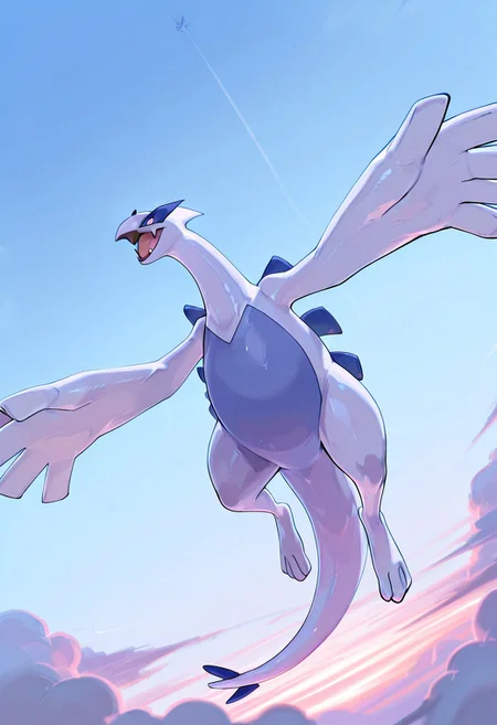 masterpiece, best quality, score_9, score_8_up, score_7_up, score_6_up, score_5_up, score_4_up, lugia, pokemon, smiling, (solo:1.6), (flying:1.2) clouds, beautiful sky, fullbody, low lights, nice angle, (3 toes:1.4),