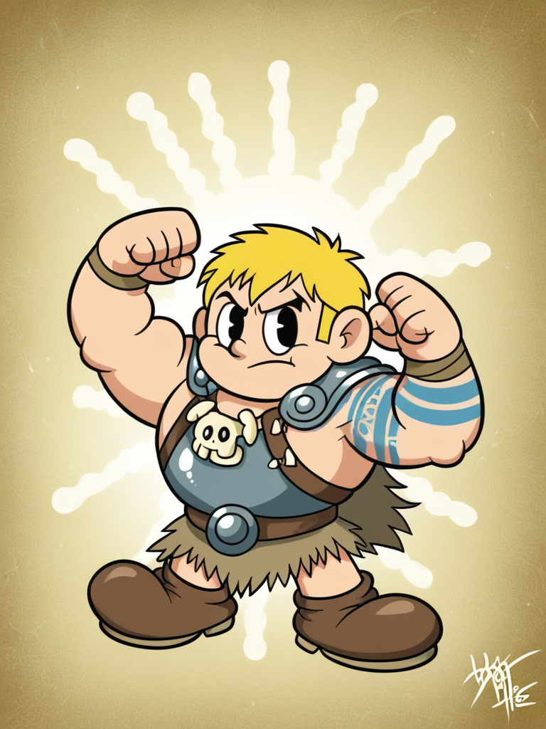 score_9,
1boy, blonde, viking, armor, arm tattoo, bone necklace, double biceps pose,
front, looking at viewer, (dynamic pose:1.1), full body, colorful background,
, RetroXL, toon \(style\), semi chibi, flat color, black eyes, <lora:RetroToonXL_Style:1>