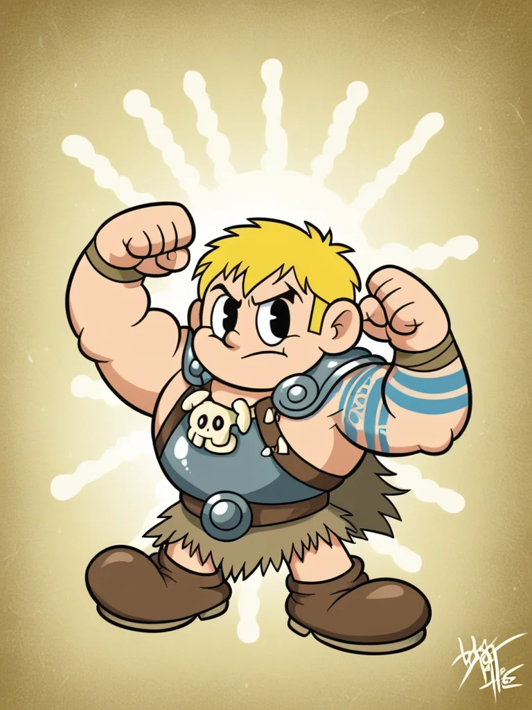 score_9,
1boy, blonde, viking, armor, arm tattoo, bone necklace, double biceps pose,
front, looking at viewer, (dynamic pose:1.1), full body, colorful background,
, RetroXL, toon \(style\), semi chibi, flat color, black eyes, <lora:RetroToonXL_Style:1>