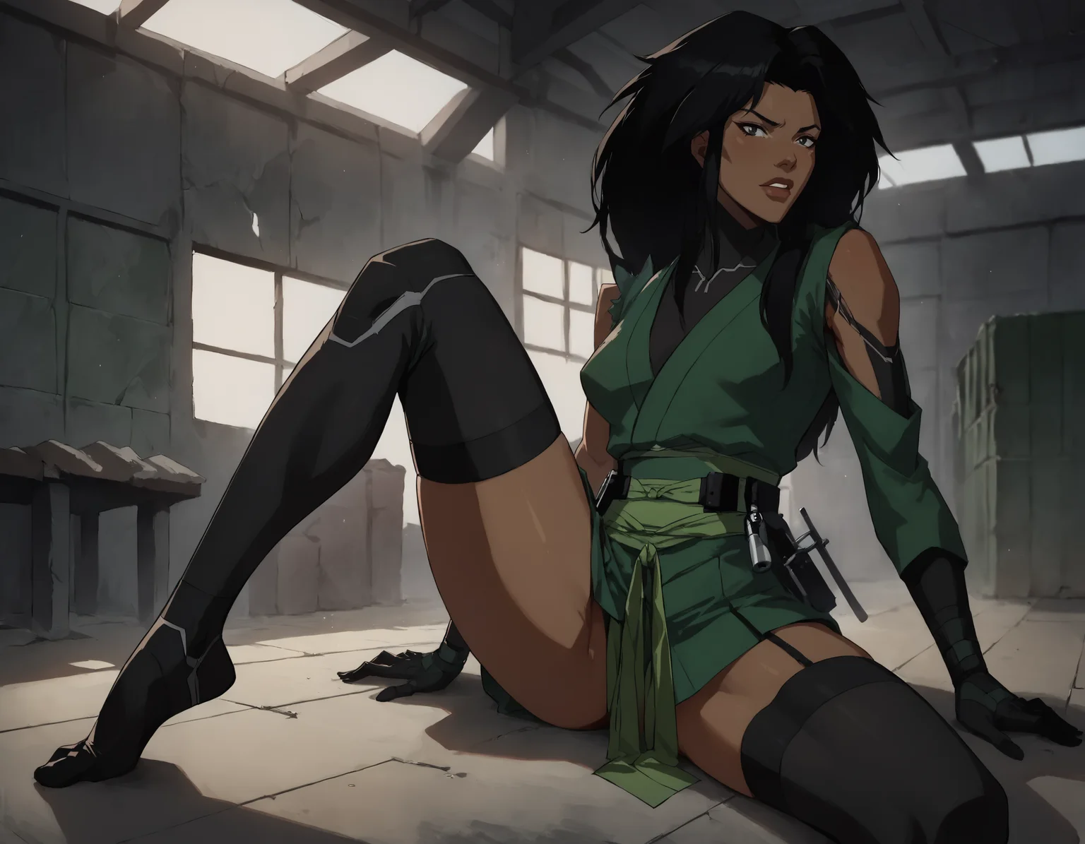 score_9, score_8_up, score_7_up, face focus, extreme closeup, detailed face, 1girl, woman, a mature female, (tall slim athletic female:1.3), skinny, dark-skinned female, black hair, (Sitting with knees bent, one hand on the floor),
gloves, thighhighs, japanese clothes, black gloves, black thighhighs, green kimono, bodysuit, belt,
(abandoned warehouse, industrial),
ch3shire,
<lora:ch3shire:1>,
<lora:Blacklight_XL:0.5> blacklight,
<lora:- SDXL - vanta-black_contrast_V3.0:0.5>,
<lora:Concept Art DarkSide Style LoRA_Pony XL v6:0.5>, low light,