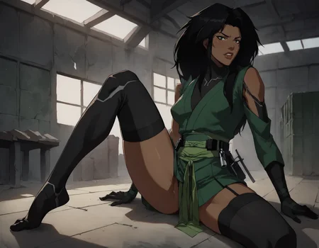score_9, score_8_up, score_7_up, face focus, extreme closeup, detailed face, 1girl, woman, a mature female, (tall slim athletic female:1.3), skinny, dark-skinned female, black hair, (Sitting with knees bent, one hand on the floor),
gloves, thighhighs, japanese clothes, black gloves, black thighhighs, green kimono, bodysuit, belt,
(abandoned warehouse, industrial),
ch3shire,
<lora:ch3shire:1>,
<lora:Blacklight_XL:0.5> blacklight,
<lora:- SDXL - vanta-black_contrast_V3.0:0.5>,
<lora:Concept Art DarkSide Style LoRA_Pony XL v6:0.5>, low light,