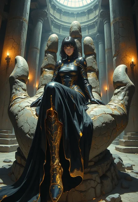 Character seated in the palm of a massive, ancient stone hand, as if cradled in its grasp. The stone fingers curve upward, partially enclosing the character like a protective cage, their surfaces cracked and weathered with centuries of erosion. Intricate carvings of celestial symbols and faintly glowing runes trail along the hand's surface, pulsing with a dim, ethereal light. The hand emerges from the ground as though it were part of a forgotten colossus buried beneath the chamber.
The character leans against one of the stone fingers, a sly and confident smirk on their face, with one arm resting on their knee. They wear sleek, obsidian-black armor with streaks of molten gold glowing like veins, contrasting with a flowing cape of dark fabric that cascades down the hand's palm. The scene is set in a cavernous indoor hall with towering stone pillars, dimly lit by suspended braziers casting flickering shadows. The perspective is dynamic, angled slightly upward to emphasize the enormity of the stone hand while focusing on the character's poised yet relaxed demeanor, with their piercing gaze fixed directly at the viewer.