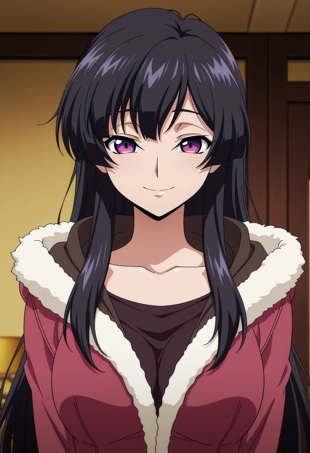 1girl,solo,mm,mature female,black hair,purple eyes,long hair,hair down,breasts,anime coloring,
hood, jacket, fur trim,upper body, looking at viewer, smile,indoors
,masterpiece,best quality,amazing quality,<lora:Sakuya_Sumeragi-Code_Geass-Dakkan_no_Rozé_IL:0.8>