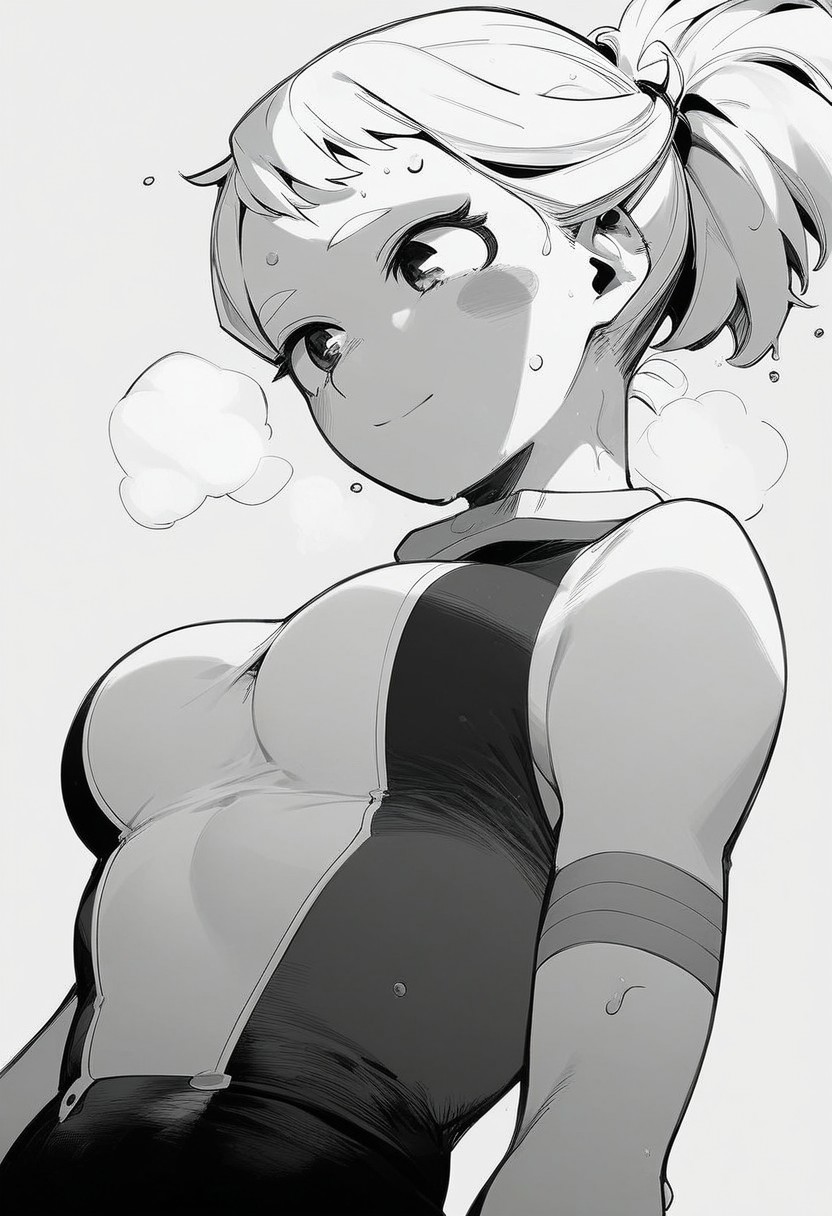flatshinyskin, score_9, score_8_up, score_7_up , 1girl, 1girl, mosaic censoring, slight seductive pose, slight smile, medium breasts, sweating, breasts,, long skirt, 1girl, solo focus, Upper body, hands behind, wet, sweaty, sweating, steam, lying on back, low angle, under boobs,  tying hair, making a ponytail
ochako_uraraka, 1girl, score_9, score_8_up, score_7_up, Monochrome,  MANGASTYLE ,bodysuit, solo focus, perfect body, curvey, thick waist, thick body,, skin tight dress, , side view, side focus,
leaning down, head facing down, head leaning down, looking down,