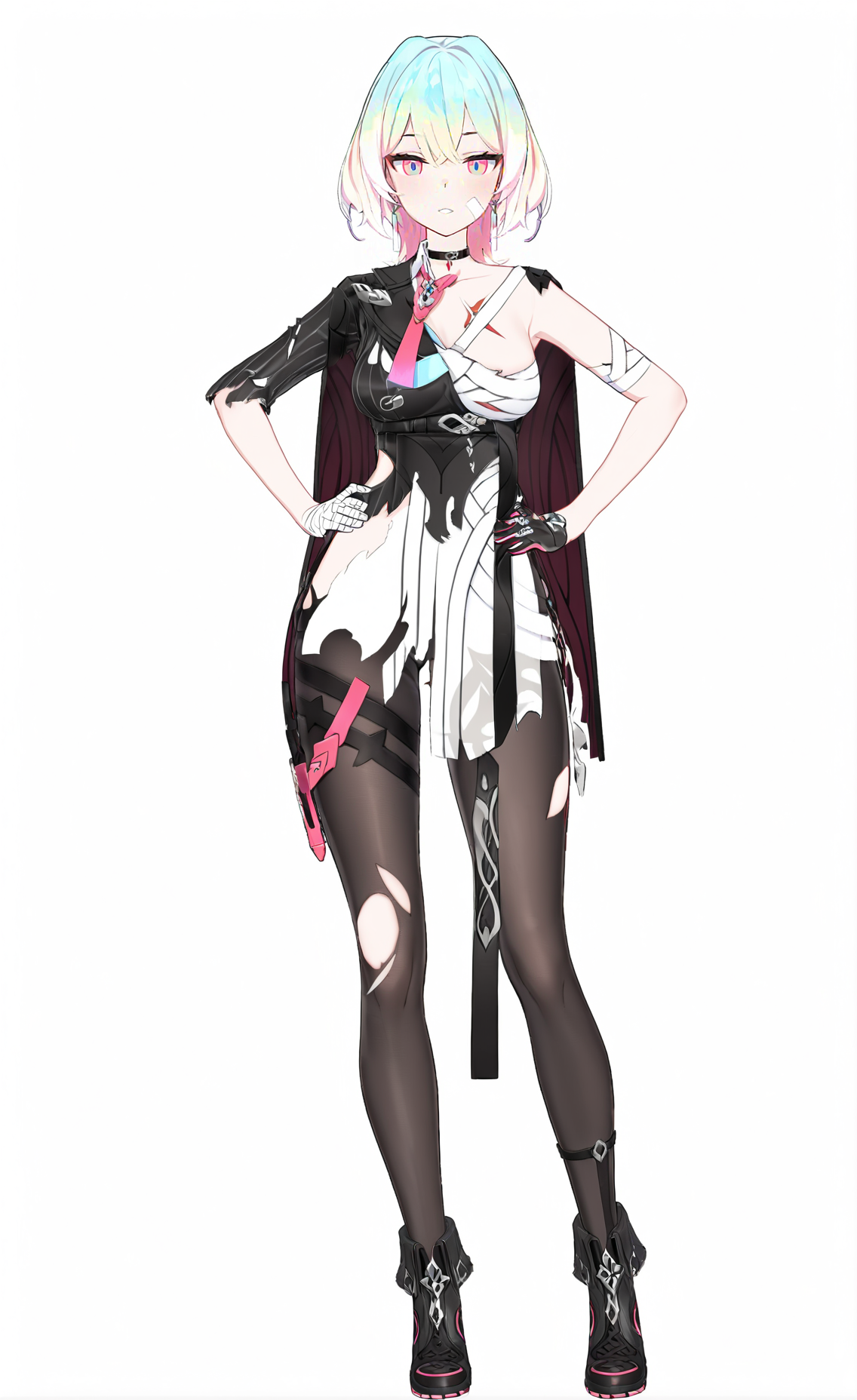 score_9, score_8_up, score_7_up, score_6_up, 8k, 
8k, best quality, masterpiece, (ultra-detailed), (high detailed skin), white background, simple background, 
(full body), (white background), standing, looking at viewer, (solo), hand on hip, 
<lora:Lantern-A3-Tanger:0.8>, dengsfl, broken clothes, torn clothes,multicolored hair, 1girl, multicolored eyes,  gloves, bandages, bandaged arm, pantyhose, chokerblack footwear,