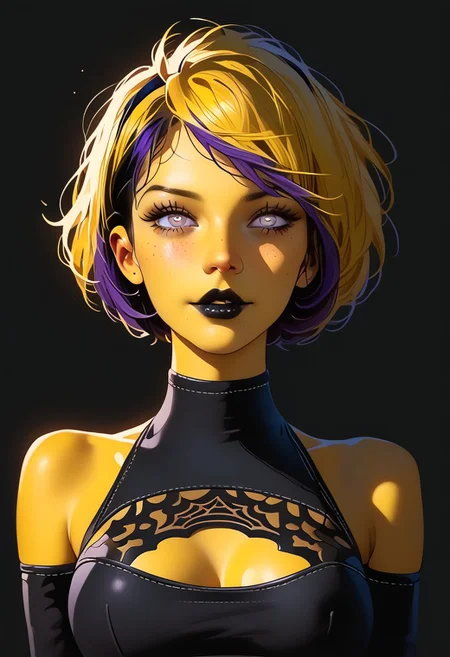 Best quality, masterpiece, detailed picture, realistic, score_9, score_8_up, score_7_up,
1girl, lisa_simpson, \(The Simpsons\)/,(ultra HD quality details), colored skin, (yellow skin:1.6),
((sexy 18 year old tomboy, perfect body, fair skin, cute face, freckles, dimples, shaved side of head)),), small smile, nerdy girl, normal eyes, perfect eyes, goth,
portrait of a gothic girl, ((((Yorha 2B, Nier Automata, Yorha 2b Bodysuit, black pupils, detailed eyes, pupils in eyes, black bead eyes, pupil, black iris, cleavage, yellow hair, two-tone hair, purple IncursioDipDyedHair, pixie cut purple hair, freckles, black lipstick, medium breasts,)))),
((((very shiny, glossy, front view, facing forward, head and shoulders only)))), solo, super model pose,