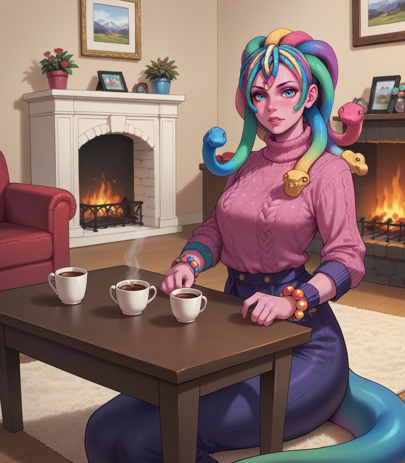score_9, score8_up, detailed background, sweater, turtleneck_sweater, 1girl, Gumdusa, gummy worm hair, (snake hair:0.5), multicolored skin, solo, pink skin, purple nails, colored skin, lamia, bead bracelet, choker,  multicolored hair, looking at viewer, armlet, blue eyes, waist ribbon, tail,
living room, table, fireplace, hot chocolate,
zPDXL3, detailxl,
<lora:Medusa_Gummy_Worm_-_Smite_PDXL-000007:1>