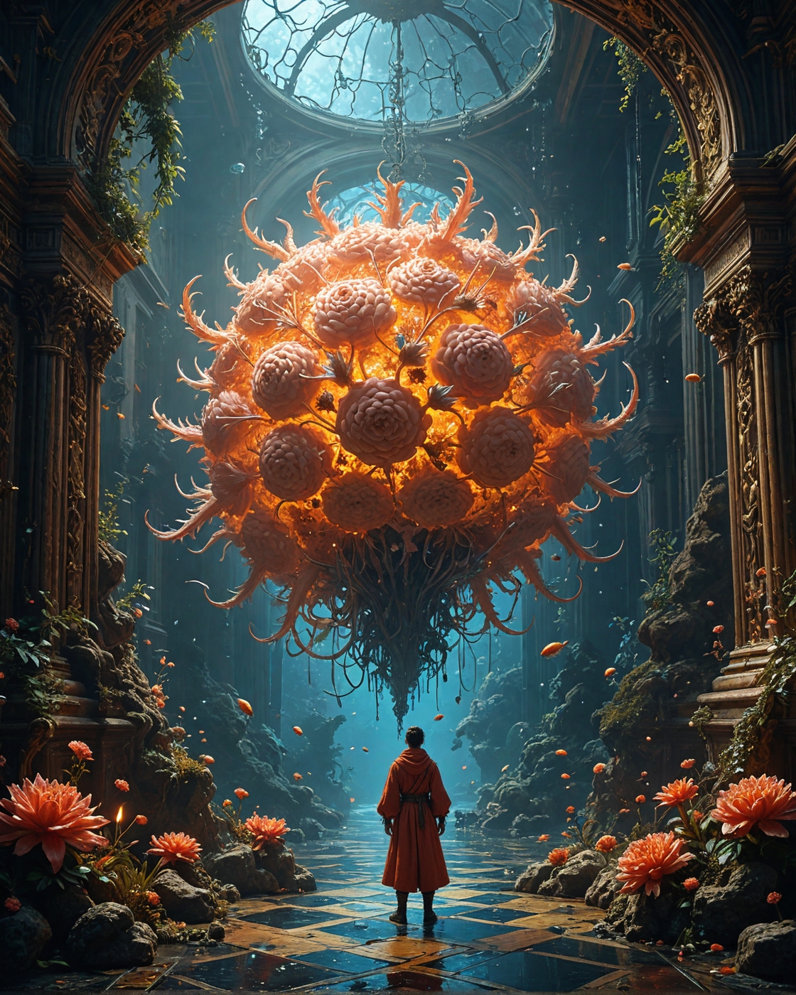 Tengu, holographic-lattice hangar with,
 prismatic bacteria colonies, Industrial carbon-fiber grids, shadow-substance arches in, prismatic-coral reefs, Hive-Mind communal hivemind hubs style, bioluminescent fog banks,
<lora:tbh124-sdxl:0.15> style of Jean-Antoine Watteau,
<lora:tbh129-sdxl:0.15> style of Michael Cheval,
<lora:Sinozick:0.15>,
<lora:add-detail-xl:0.7>,
<lora:aidmaMJ6.1_v0.5_2:0.3> aidmamj6.1,
<lora:Flux-XL_Scenery:0.15> flux-scenery,
<lora:Flux-style-xl-lora:0.15> flux-style,
8K resolution, ultra-detailed cinematic composition, contemporary concept art style, volumetric magical atmosphere with ethereal glow, rich complementary color palette, vivid gradients and chiaroscuro contrast, dynamic perspective with layered depth of field, inspiring awe-inspiring mood, Unreal Engine 5 render quality, intricate textures, flawless anatomy, rule of thirds composition, luminous highlights, surreal ambiance, award-winning illustration, harmonious balance of light and shadow, photorealistic details, ArtStation trending, chromatic accents, nostalgic futurism, dreamlike serenity, bold creativity, professional finish, sharp focus, ambient background, fascinating dynamic motion,, Baroque art style, dynamic composition, dramatic lighting, rich colors, intricate details, professional-grade execution, captures the grandeur and theatricality of the Baroque period