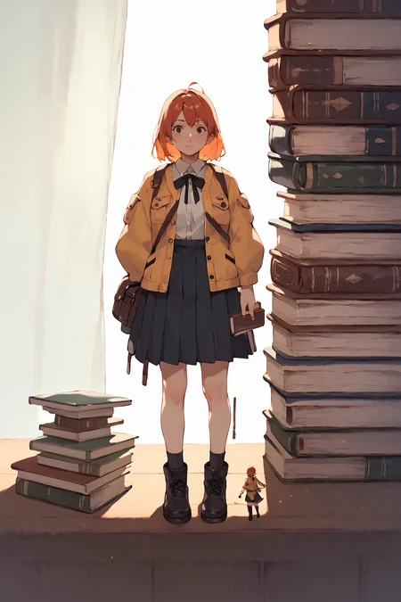 <lora:mini-people:1> minipoeple, minigirl, woman standing next to regular sized book, regular sized objects, <lora:RD-MAnon-XLV1.1:1>, , source_anime, score_9_up, score_7_up, score_8_up